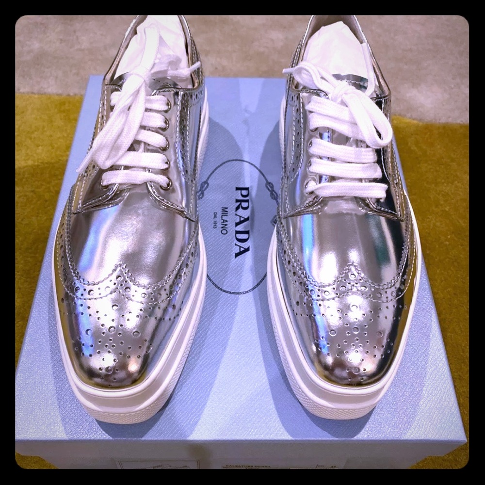 Prada Metallic leather platform brogues 37 $995